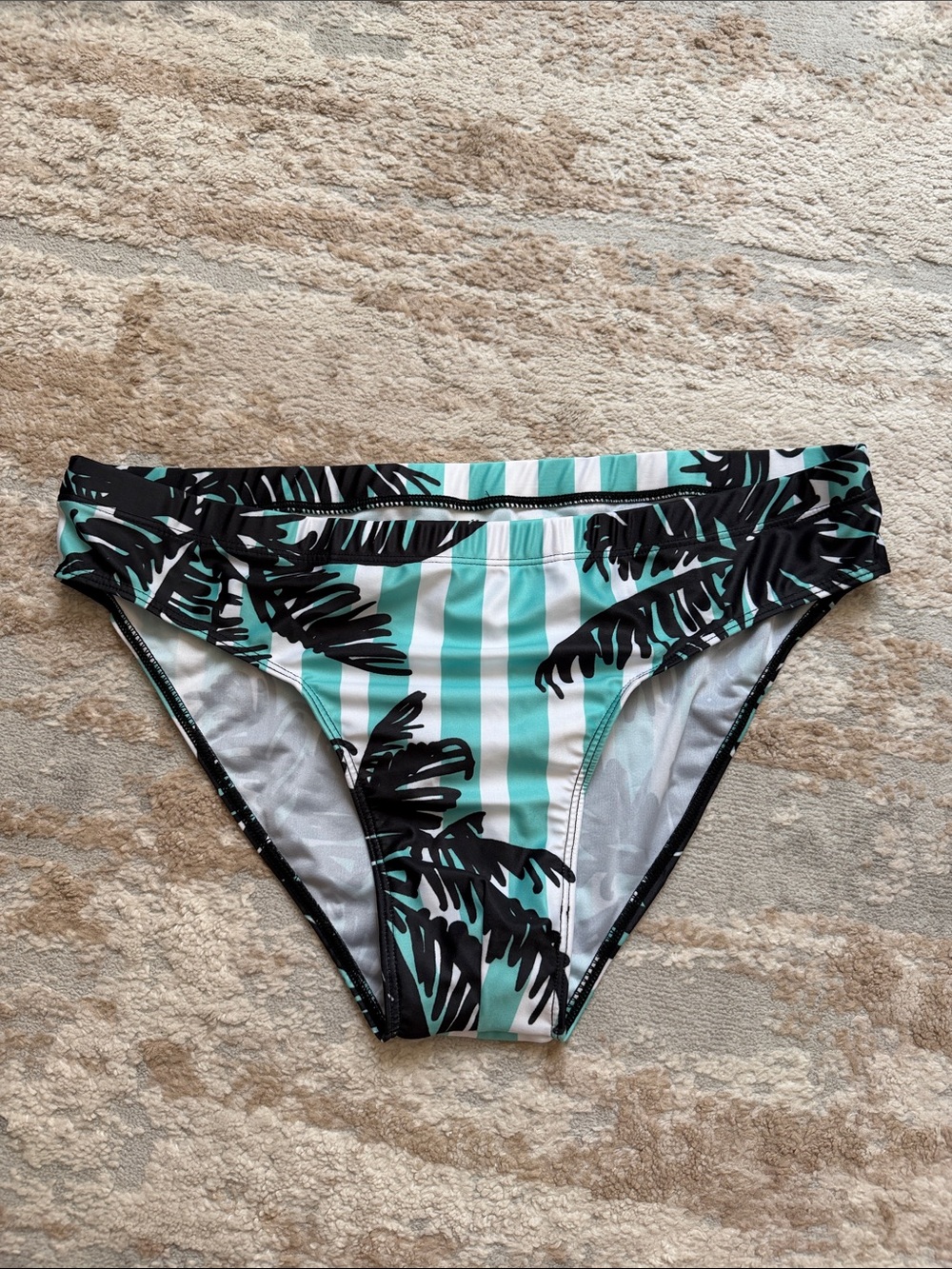 Striped Tropical Men’s Swim Briefs in Teal, White, Black - Size XL